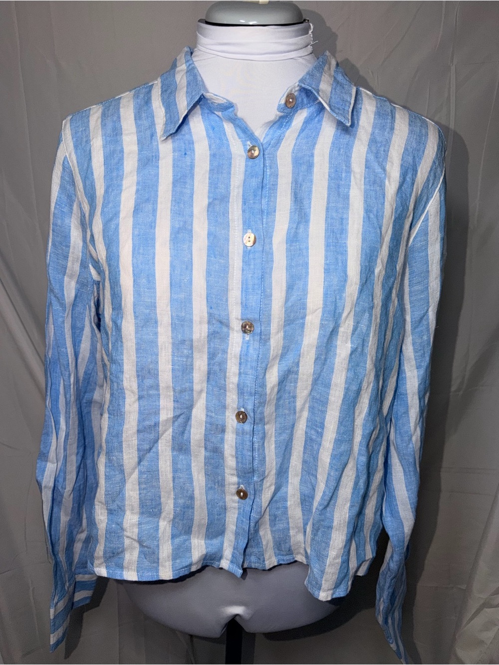 Cynthia Rowley Light Blue & White Striped Boxy Button-Up Long Sleeve Shirt